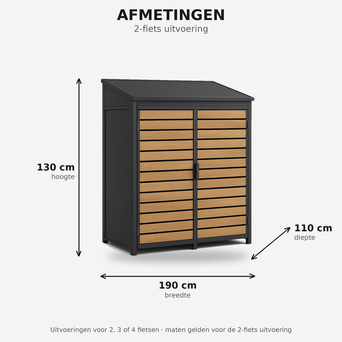Afmetingen 2-fiets uitvoering: 190 x 110 x 130 cm