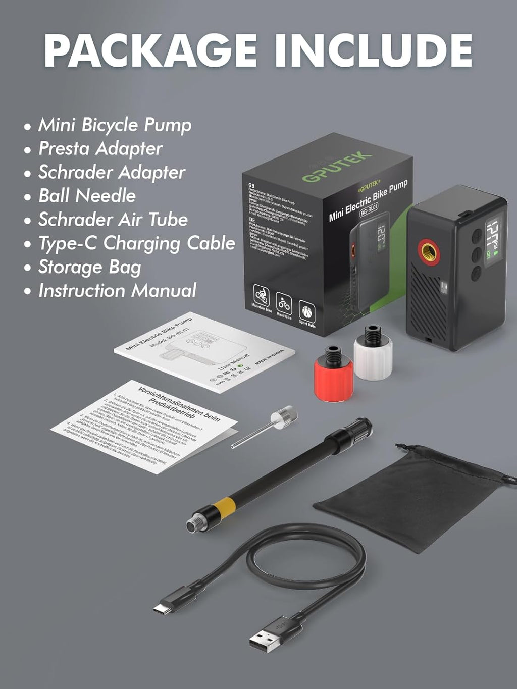 Air-Go™ Elektrische Mini-Fietspomp – 120 PSI met Drukmeter