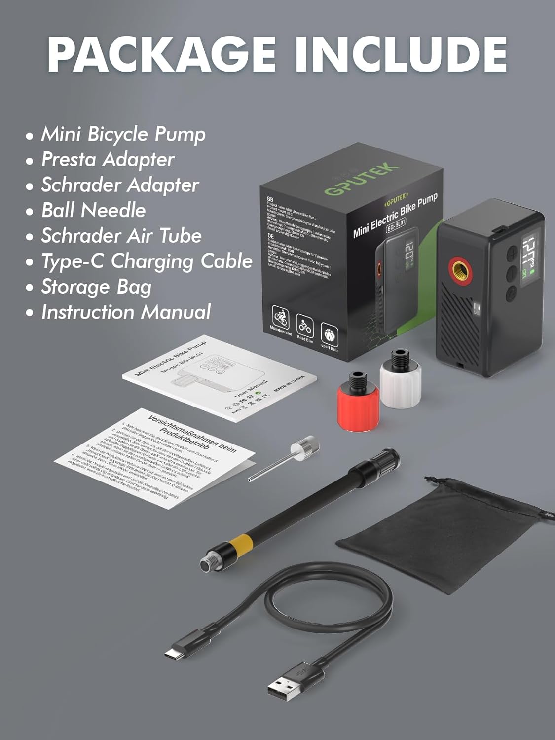 Air-Go™ Elektrische Mini-Fietspomp – 120 PSI met Drukmeter