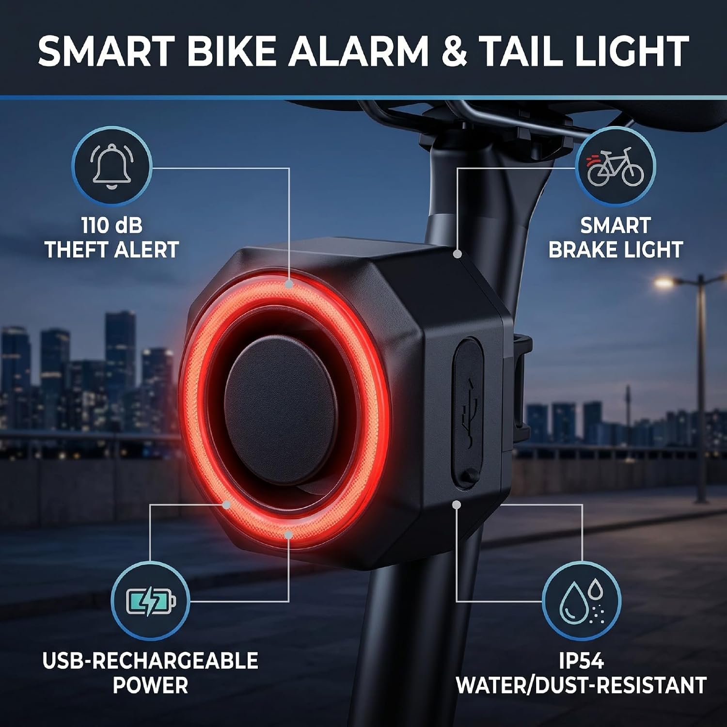 Night-Guard™ Smart Fietsachterlicht & Alarm – USB-C