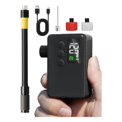 Air-Go elektrische mini-fietspomp met luchtslang, ventieladapters, balnaald en USB-C kabel