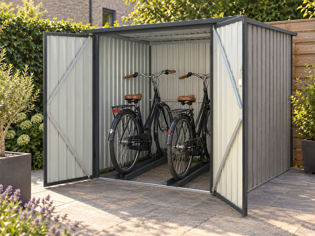 NIKI fietsenberging geopend met twee stadsfietsen in de wielrails