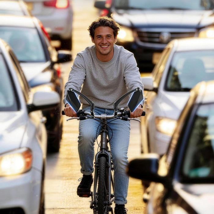 Fietser houdt het verkeer achter zich in de gaten via de spiegel